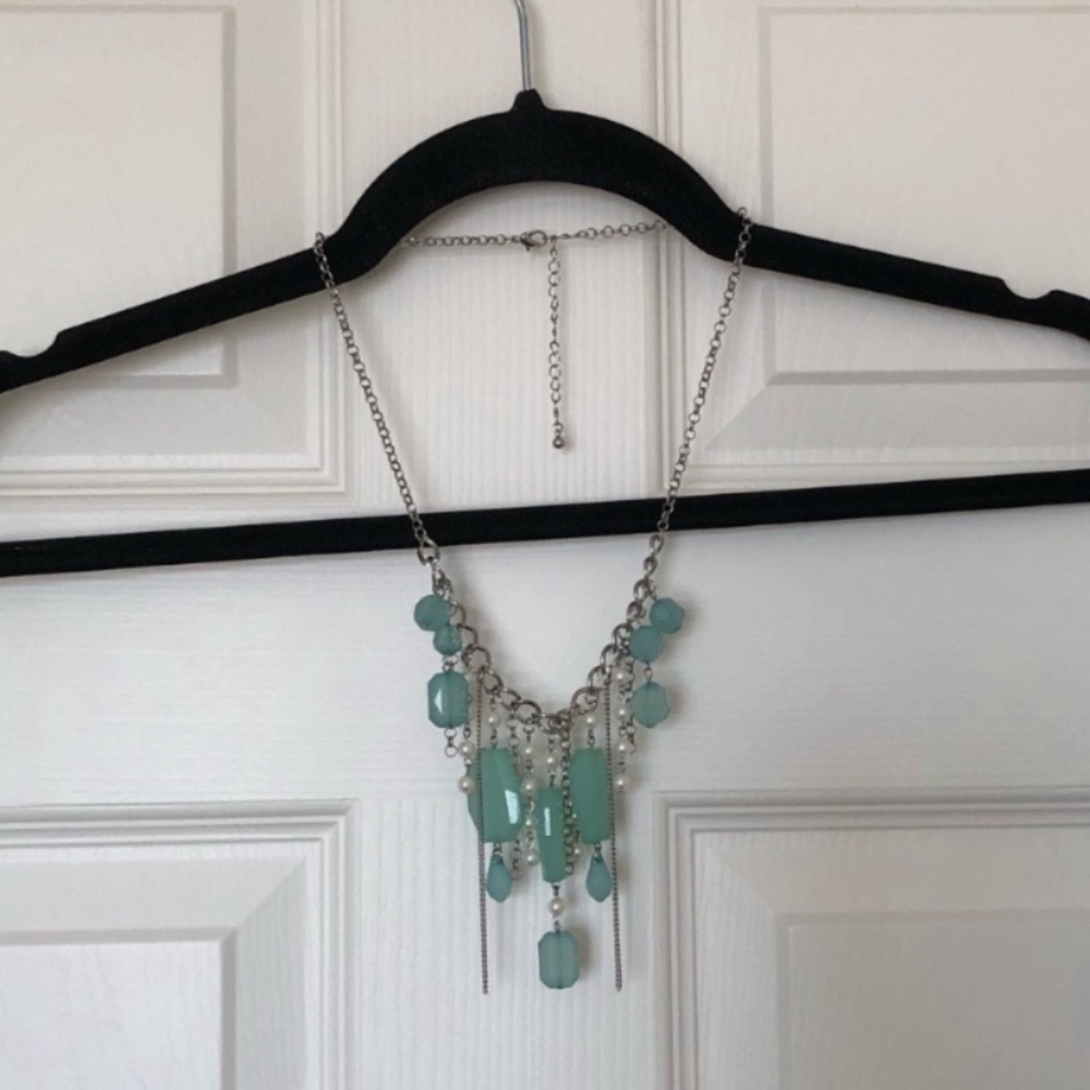 Silver Chain Necklace with Aqua Green Beads